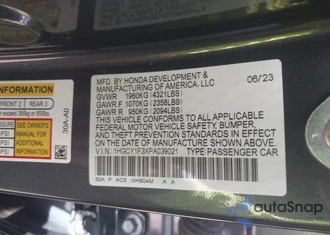 2023 Honda Accord Ex z USA, uszkodzony, nr VIN 1HGCY1F3XPA039021